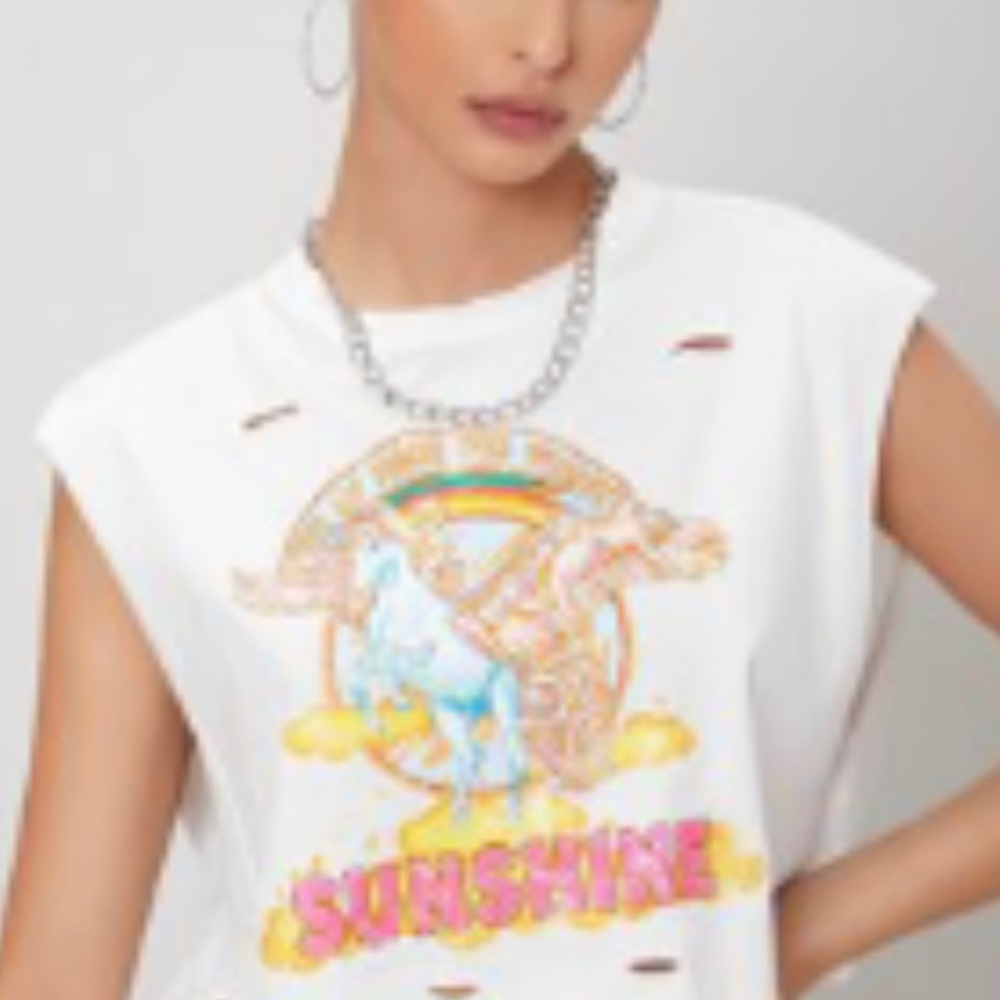 Cropped distressed Pegasus and Sunshine tank top